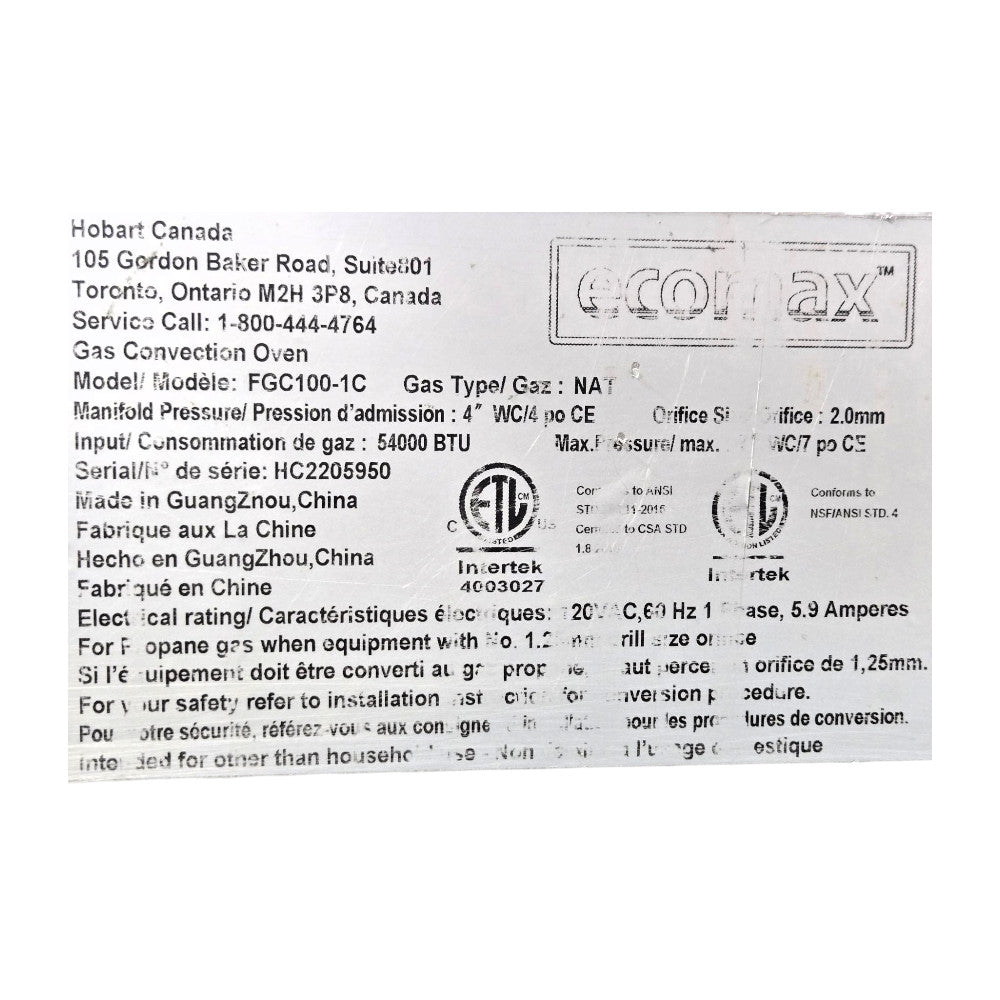 Ecomax FGC100-1C Convection Oven - Natural Gas