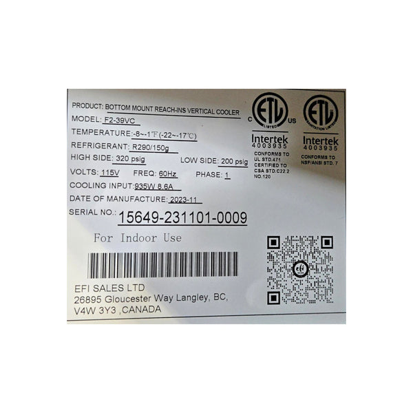 EFI - F2-39VC - Freezer - 2 Solid Doors - 39 Inch