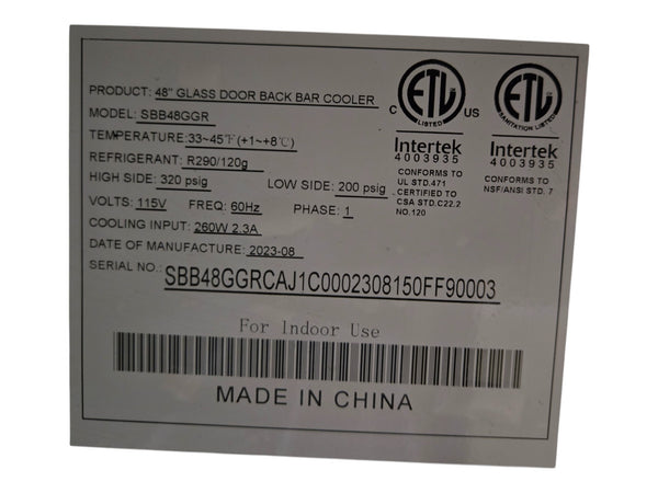 Atosa SBB48GGR Back Bar Cooler - 2 Glass Door - 48 Inch