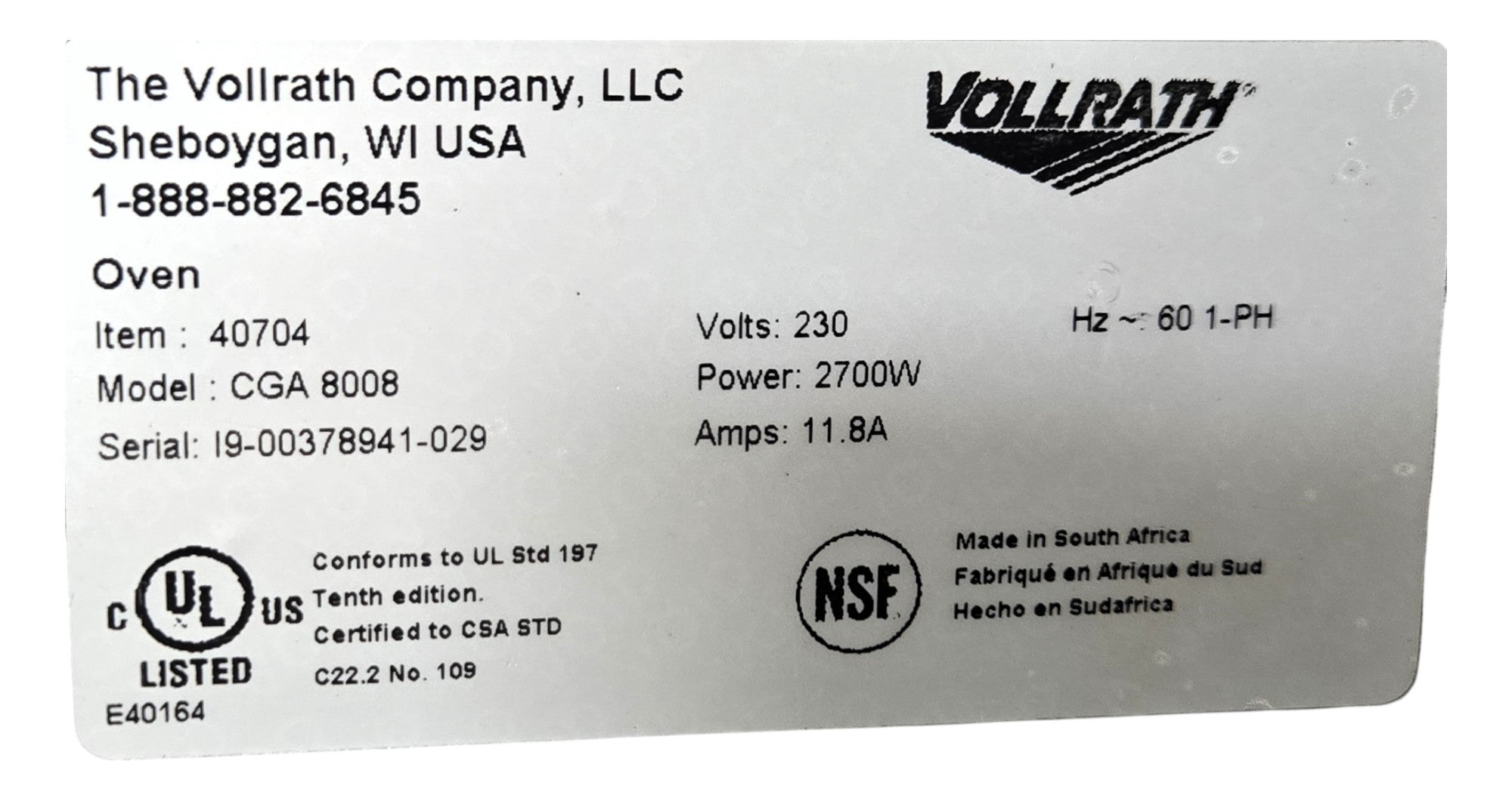 Vollrath CGA 8008 Rotisserie Oven