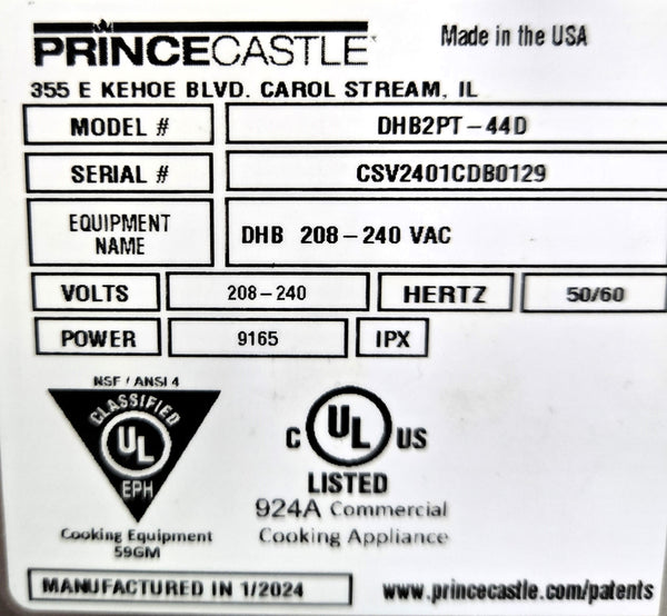 Prince Castle DHB2PT-44D Heated Holding