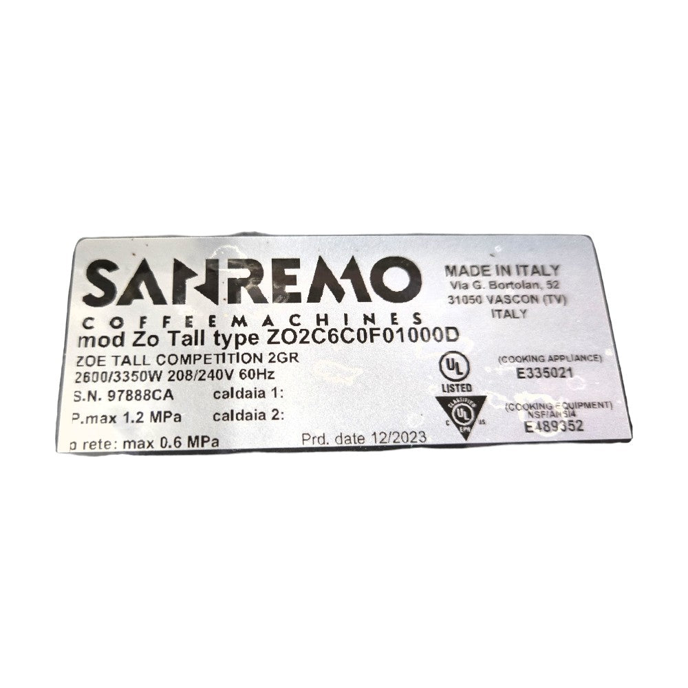 Sanremo Zoe Tall Competition 2 GR Espresso Machine - 2 Group