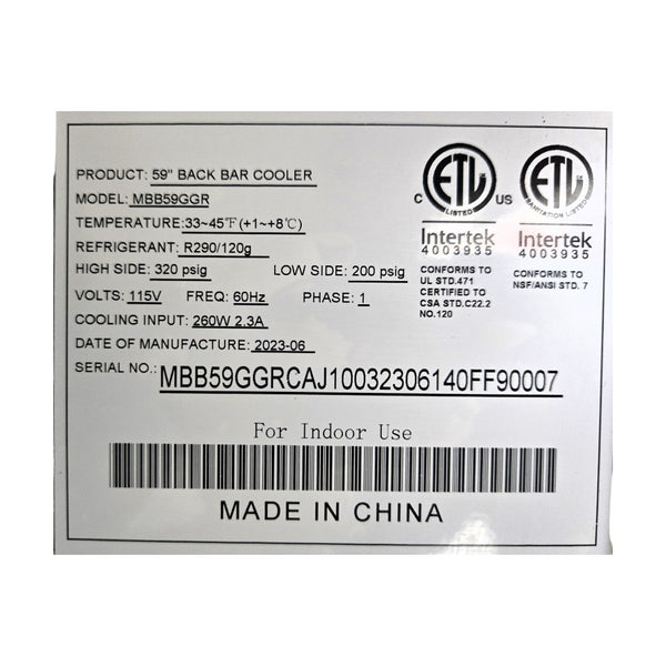 Atosa MBB59GGR  Back Bar Refrigerator - 2 Glass Door - 59 Inch