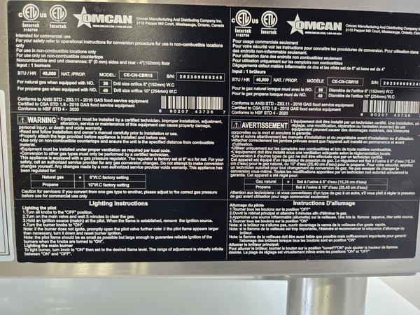 Omcan CE-CN-CBR15 Charbroiler with stand - Natural Gas