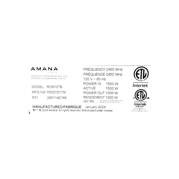 Amana RCS10TS Digital Control Microwave Oven