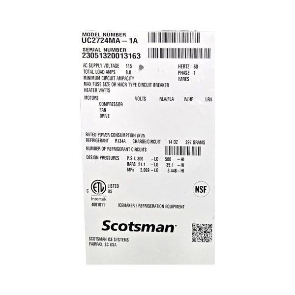 Scotsman UC2724MA-1A Undercounter Ice Maker - 282lbs every 24hrs