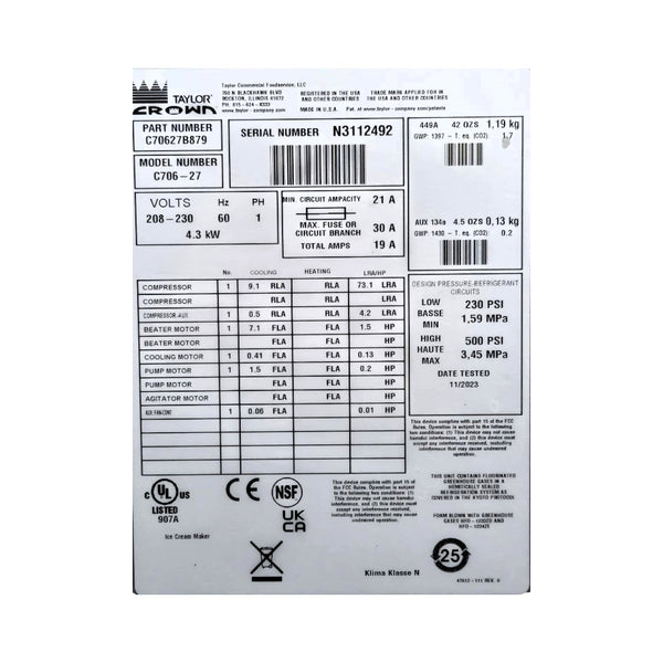 Taylor C706-27 Soft Serve Machine - Single Flavor