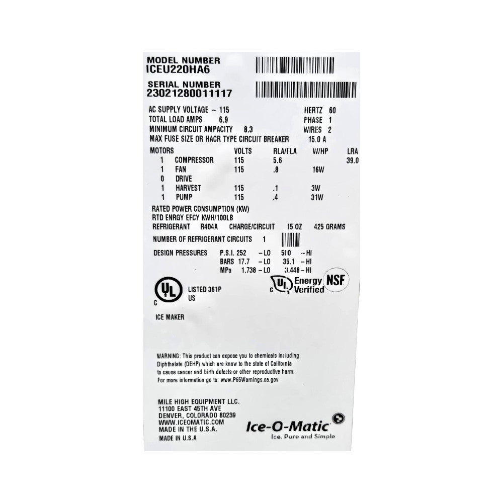 Ice-O Matic ICEU220HA6 Ice Machine - Undercounter - 238Lbs