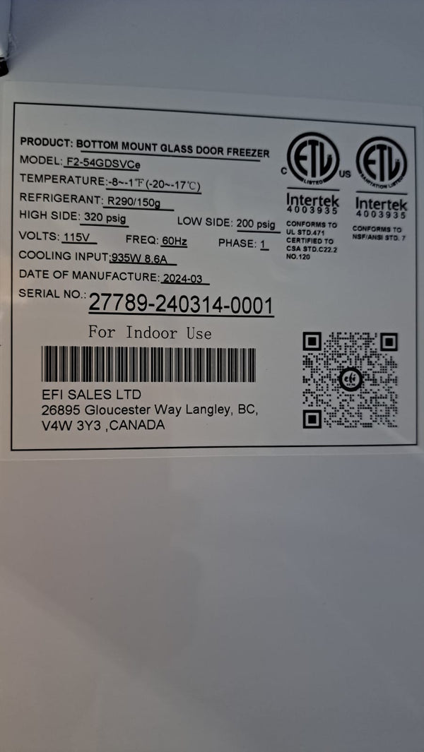 EFI F2-54GDSVCe Bottom Mount Glass Door Freezer