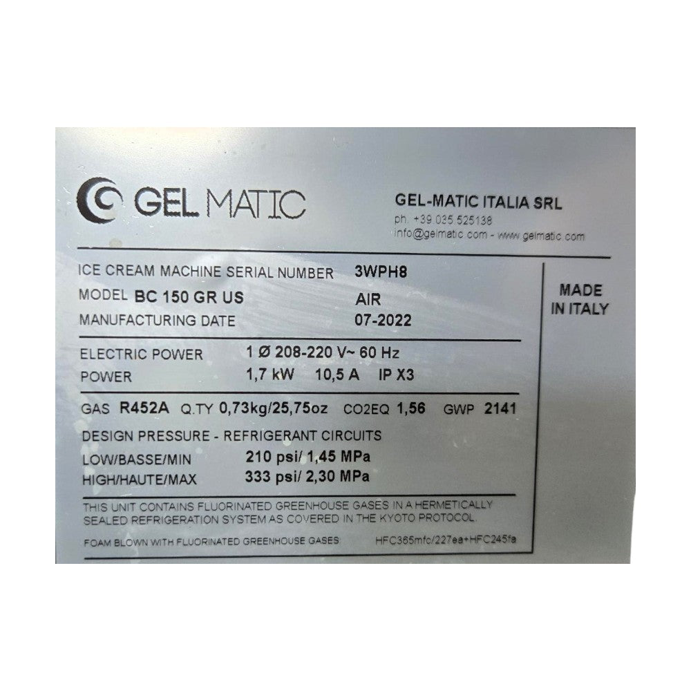 Gel Matic BC150GRUS Ice Cream Machine