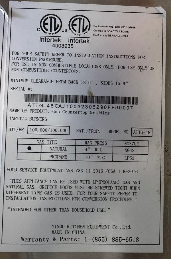 Atosa - ATTG-48 - Griddle - Nat Gas - 48 Inch