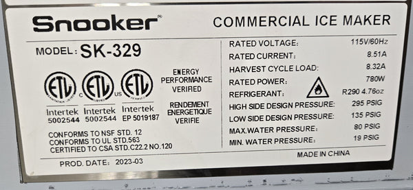 Snooker SK-329 Commercial Ice Maker with Bin B275-AIB - Never Used - As Is