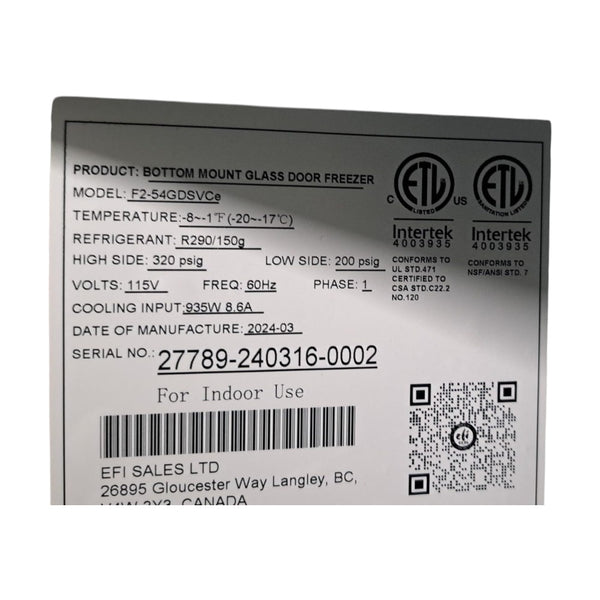 EFI F2-54GDSVC Bottom Mount Glass Door Freezer