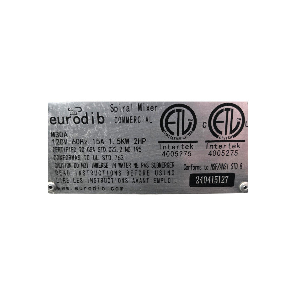 Eurodib M30A Planetary Stand Mixer - 30Qt