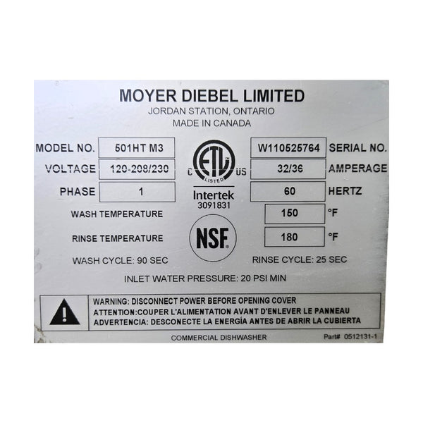 Moyer Diebel 501HT M3 Undercounter Dishwasher