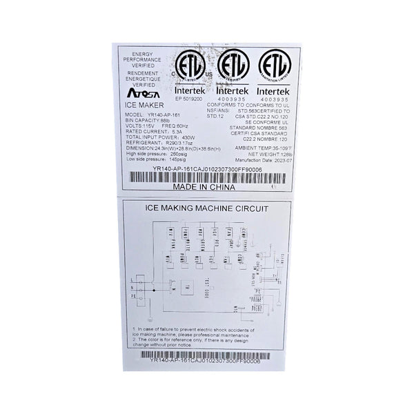 Atosa YR140-AP-161 Undercounter Ice Maker