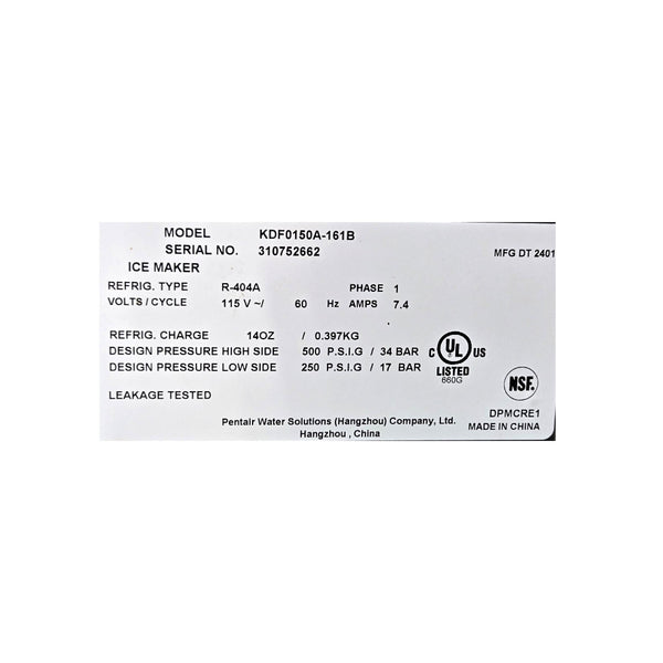 Koolaire KDF015A-161B Undercounter Cube Ice Machine - 168Lb