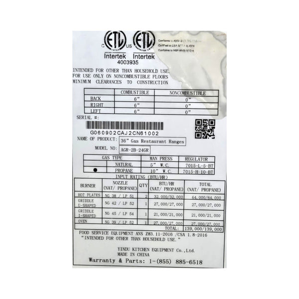 Atosa AGR-2B-24GR Propane Range - Two Open Burners - 24 Inch Griddle - 36 Inch