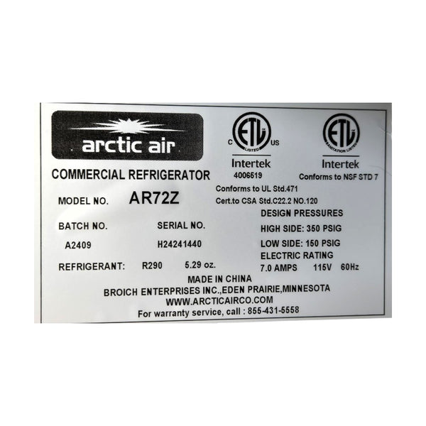 Arctic Air AR72Z Upright Refrigerator - 3 Solid Door - 81 Inch
