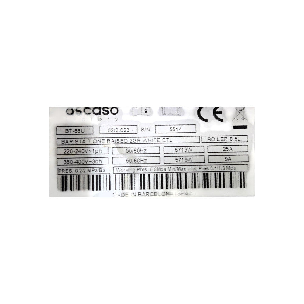 Ascaso BARISTA T ONE RAISED 2GR WHITE ETL Espresso Machine - 2 Group - Never Used