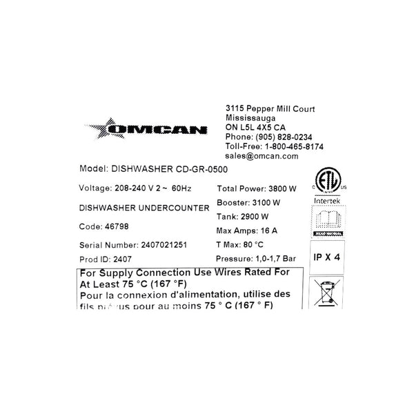 Omcan CD-GR-0500 High-Temperature Undercounter Dishwasher