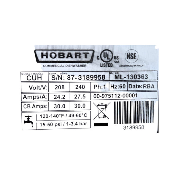 Hobart CUH Undercounter Dishwasher