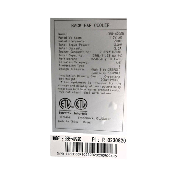 Glacier GBB-49GSD Back Bar Cooler - 2 Glass Door - 49 Inch