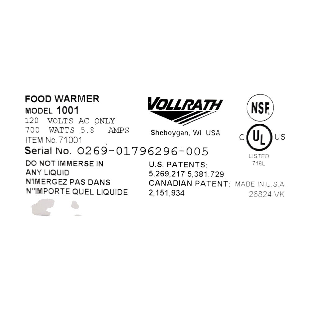 Vollrath 1001 Food Warmer