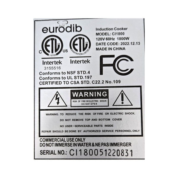 Eurodib CI1800 Induction Cooker