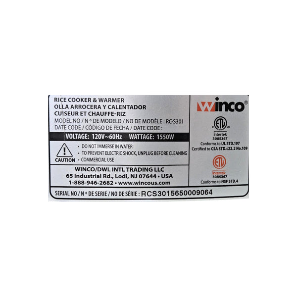Winco RC-S301 Rice Cooker