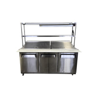 Celcold CMT7230 Megatop Refrigerated Prep Table - 3 Solid Door with Double Overshelf and Heat Lamp - 72 Inch