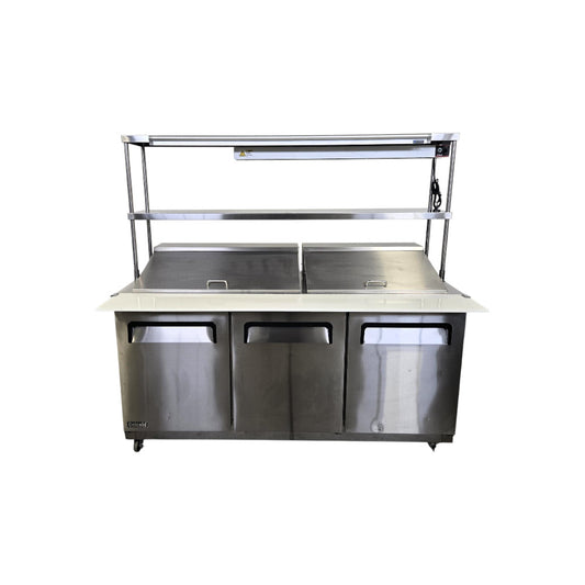 Celcold CMT7230  Megatop Refrigerated Prep Table with TOD1472 Double Overshelf and Winco ESH-48 Heat Lamp