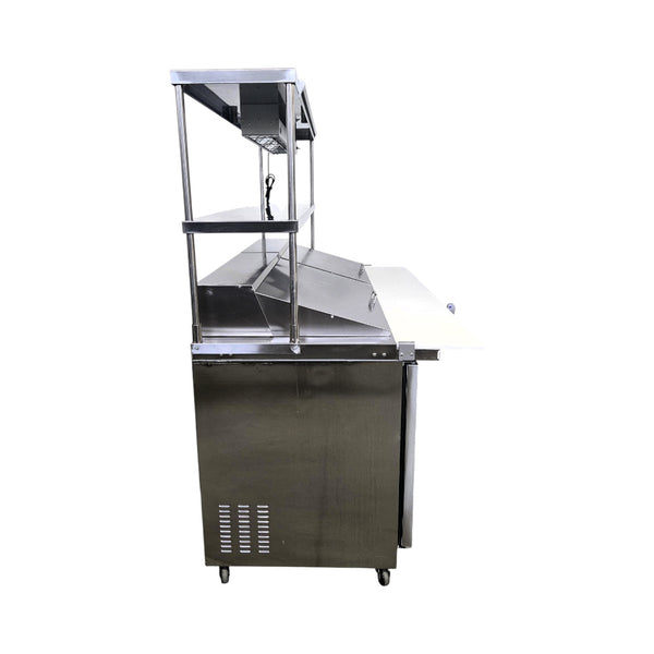 Celcold CMT7230 Megatop Refrigerated Prep Table - 3 Solid Door with Double Overshelf and Heat Lamp - 72 Inch