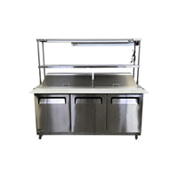 Celcold CMT7230 Megatop Refrigerated Prep Table - 3 Solid Door with Double Overshelf and Heat Lamp - 72 Inch