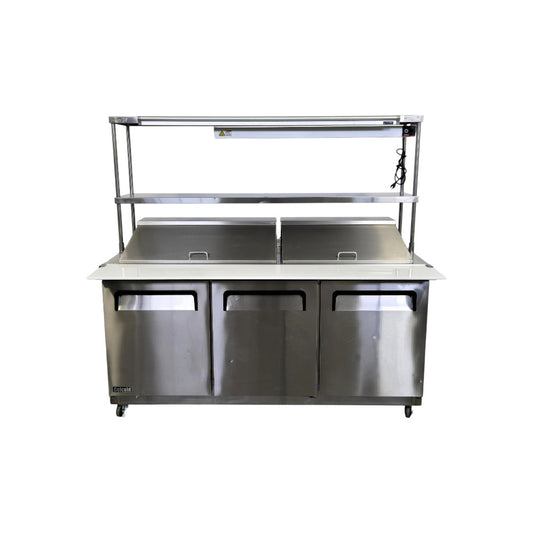 Celcold CMT7230  Megatop Refrigerated Prep Table with TOD1472 Double Overshelf and Winco ESH-48 Heat Lamp