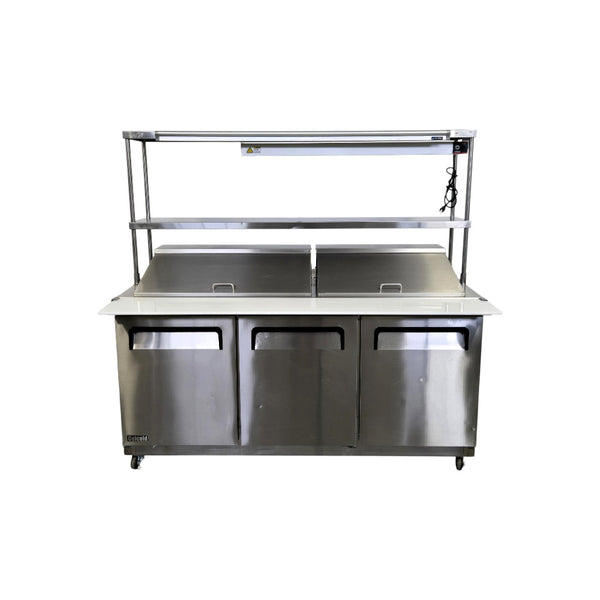 Celcold CMT7230 Megatop Refrigerated Prep Table - 3 Solid Door with Double Overshelf and Heat Lamp - 72 Inch