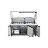Celcold CMT7230 Megatop Refrigerated Prep Table - 3 Solid Door with Double Overshelf and Heat Lamp - 72 Inch