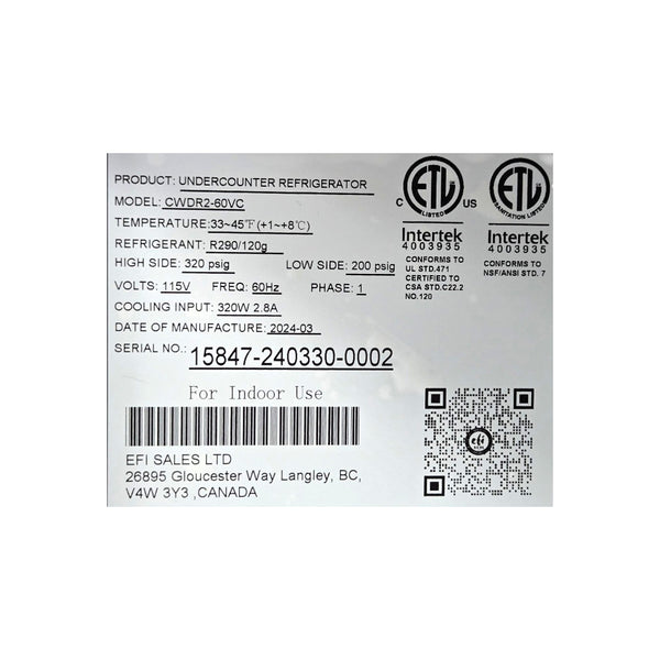 EFI CWDR260VC Worktop Refrigerator with Backsplash -  2 Solid Door - 60 Inch