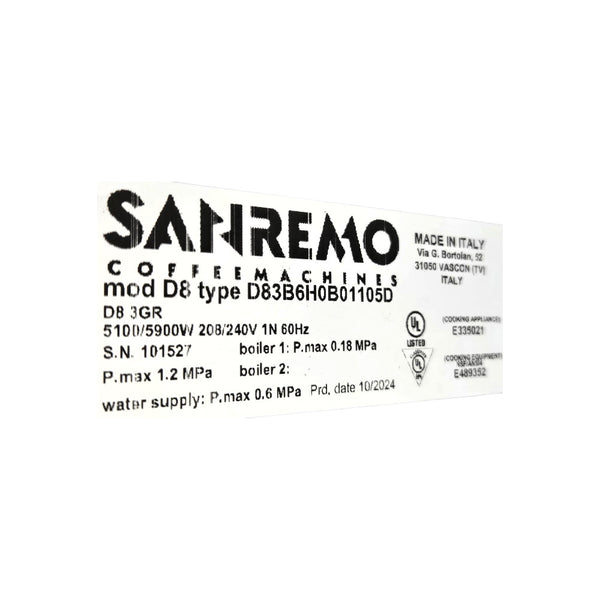 Sanremo D8 3GR Espresso Machine - 3 Group - Never Used