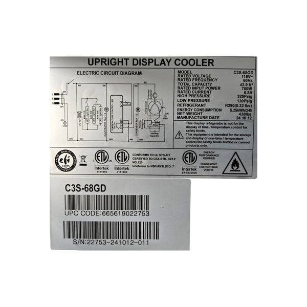 EFI C3S-68GD Refrigerator - 3 Glass Door - 68 Inch