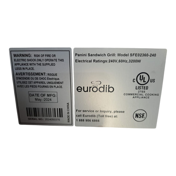 Eurodib SFE02360-240 Double Panini Grill - 18 x 11
