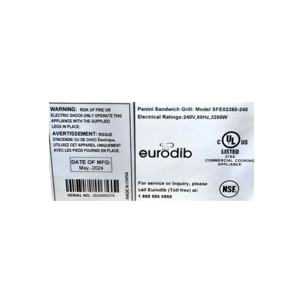 Eurodib SFE02360-240 Double Panini Grill - 18 x 11