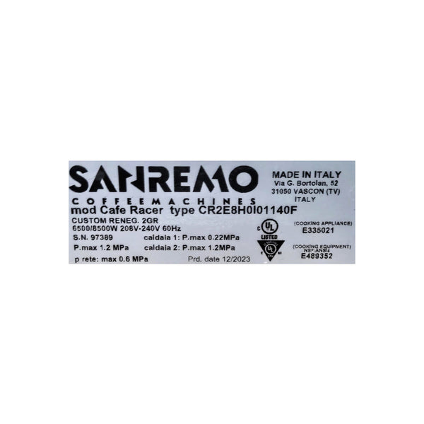 Sanremo Cafe Racer CR2E8H0I01140F Custom Renegade 2 Group Espresso Machine - Never Used