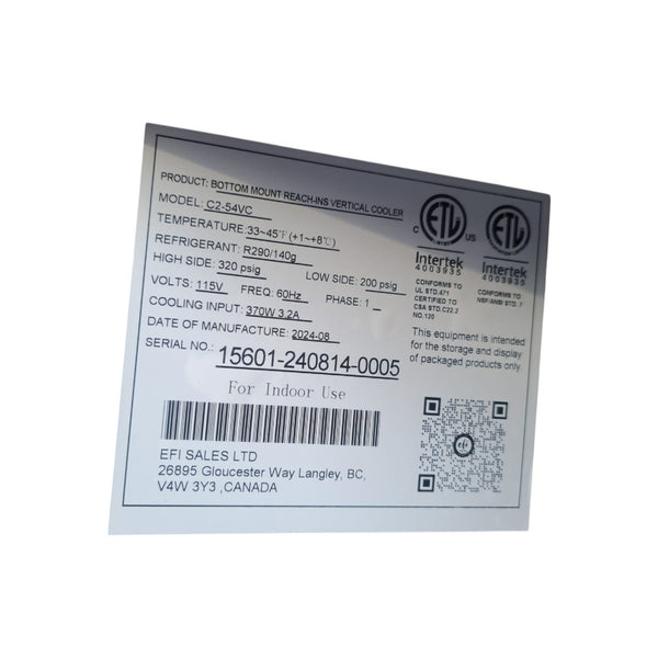EFI C2-54VC Reach in Refrigerator - 2 Solid Door - 54''