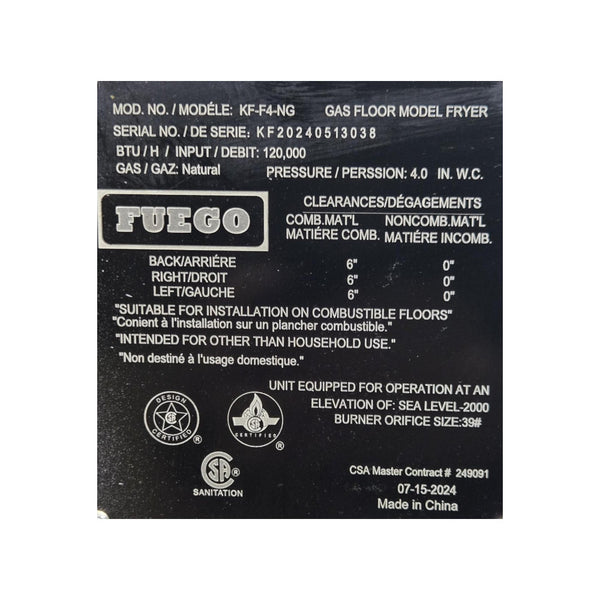 Fuego KF-F4-NG Natural Gas Fryer