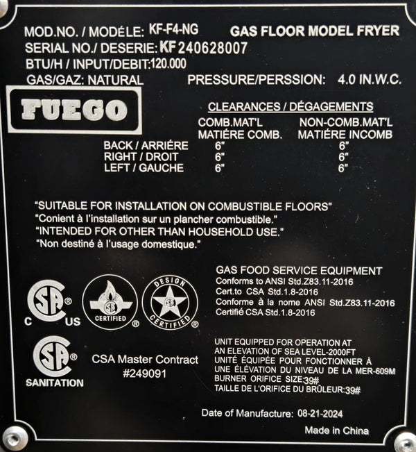 Fuego KF-F4-NG Natural Gas Fryer