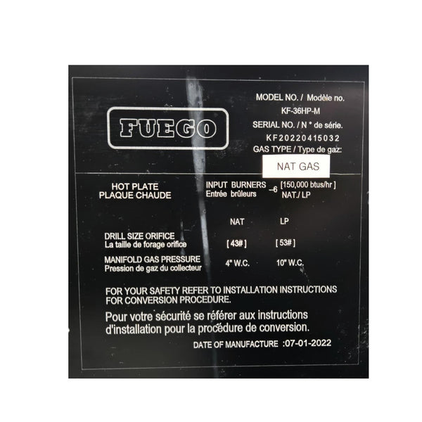 Fuego KF-36HP-M Hot Plate - Natural Gas