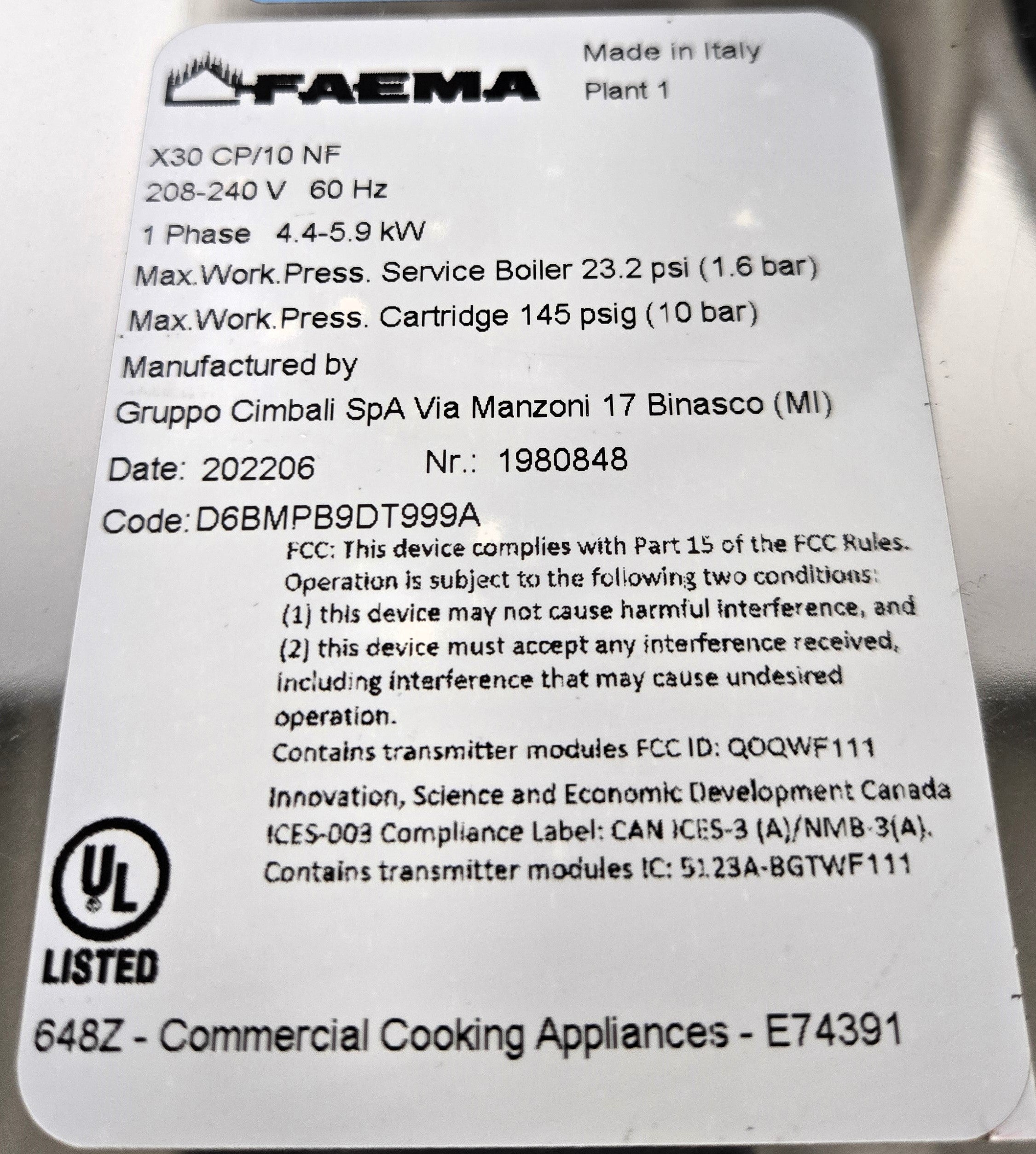 Faema X30 CP/10 Espresso Machine & BR9C Milk Cooler