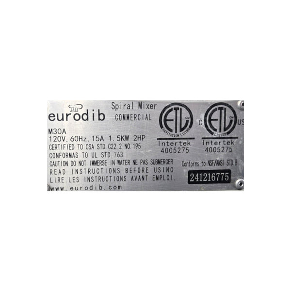 Eurodib M30A Planetary Stand Mixer - 30Qt