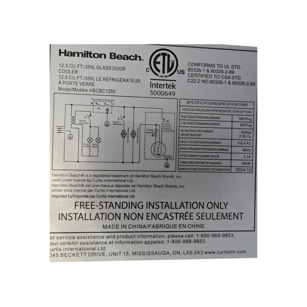 Hamilton Beach HBCBC1250 Refrigerator - 1 Glass Door - 25.5 inch